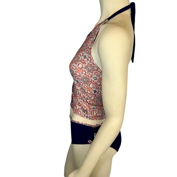 Cabana Life Pink Halter Top Tankini Long Bikini Pink and Navy Blue Patterned - Picture 2 of 16